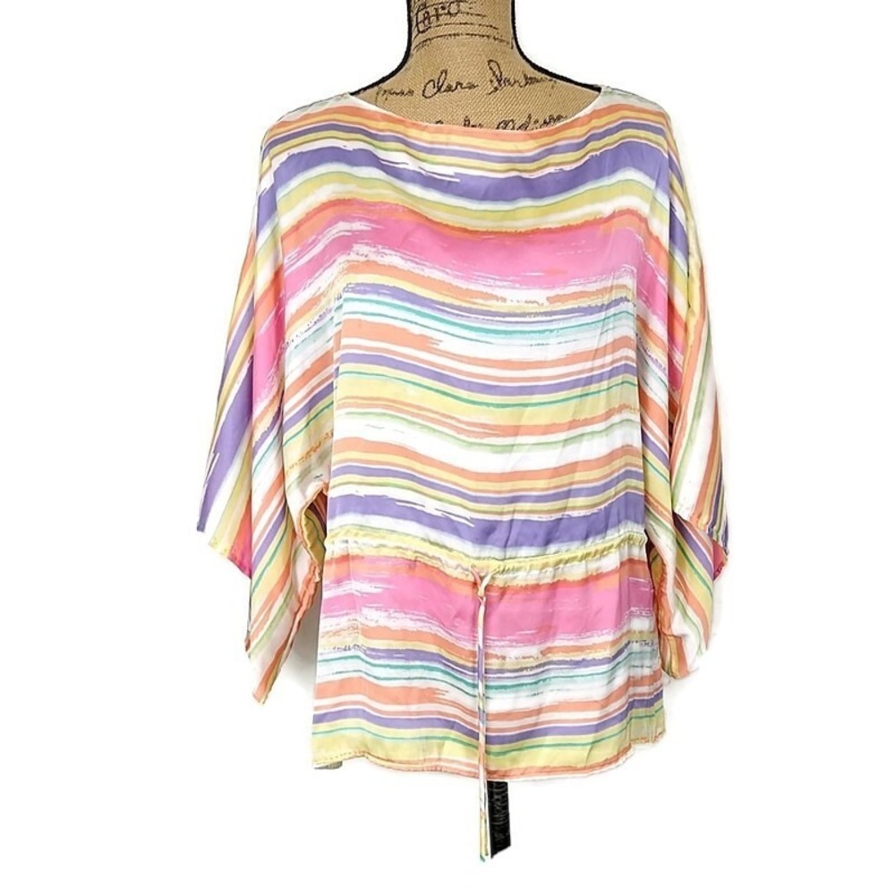 Chaps Rainbow Stripe Dolman Sleeve Blouse Drawstring Waist Coastal Resort‎ sz XS
